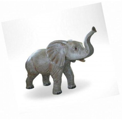 A gray elephant figurine with its trunk raised.