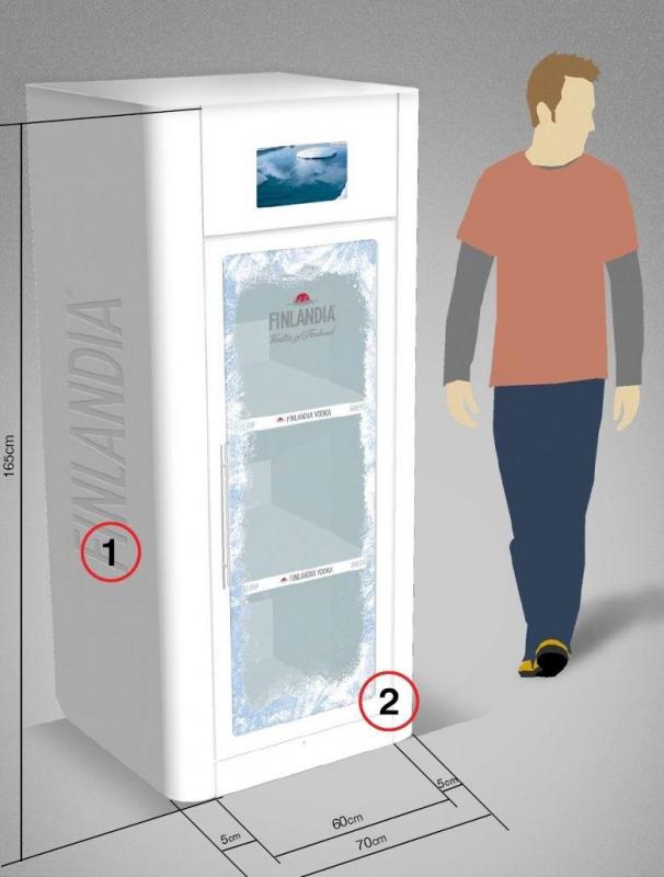 FINLANDIA Refrigerated Display Case 3 Biała lodówka z logo Finlandia, wymiary 165 cm wysokości i 70 cm szerokości, przedstawiona obok sylwetki człowieka.