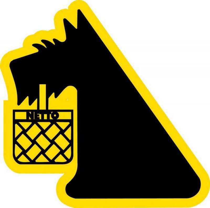 NETTO 3D LOGO 2 Logo czarnego psa z koszykiem na zakupy z napisem "NETTO", otoczone żółtą obwódką.