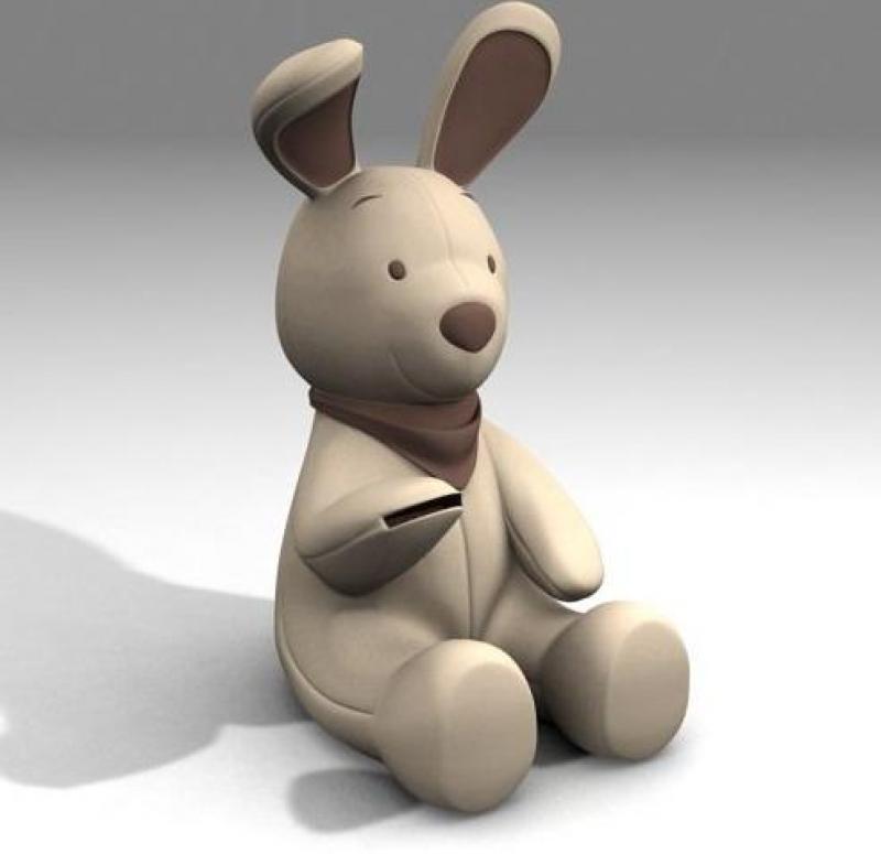 Rabbit Piggy Bank 4 Biała pluszowa zabawka w kształcie królika z brązowymi uszami i brązową chustką na szyi.
