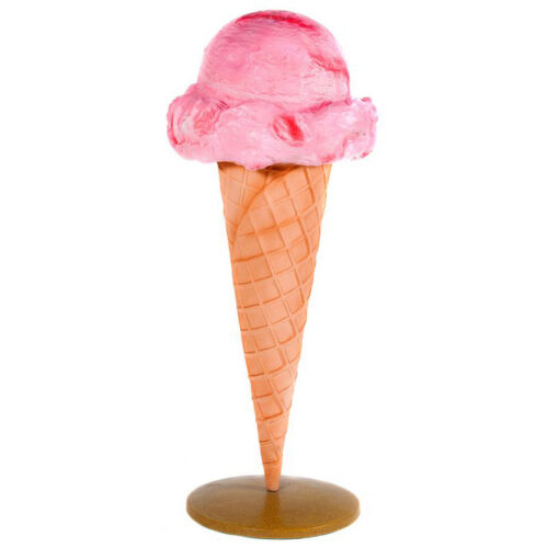 Pink ice cream cone statue with a waffle cone on a stand.