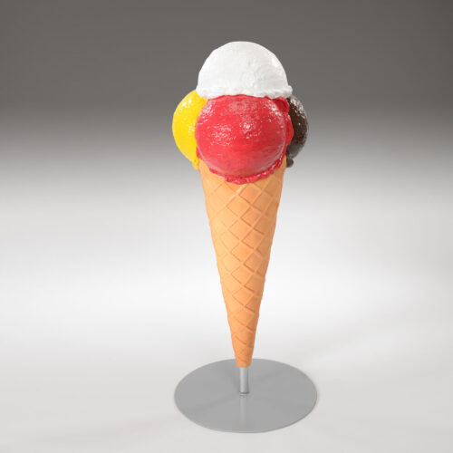 Large four-scoop ice cream cone model on a stand, featuring white, red, yellow, and brown scoops on a waffle cone.