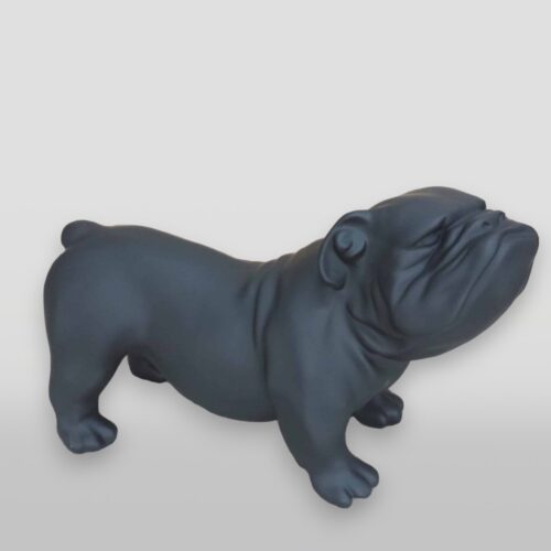 Black bulldog statue with wrinkled skin and a stout, muscular body, standing on a plain background.