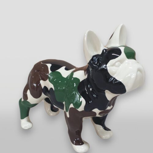 Ceramic figurine of a bulldog with a camouflage pattern in green, brown, black, and white.