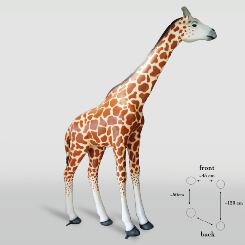 Giraffe-shaped inflatable with brown and white patterns on a white background; a size diagram is shown at the bottom right.