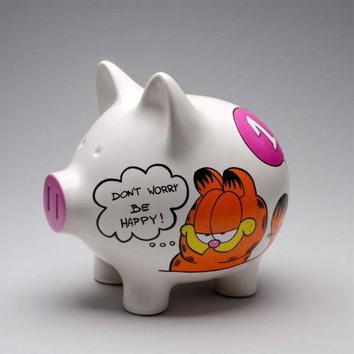 A black piggy bank with a glossy finish, featuring various automotive-themed graphics such as a car interior, the Porsche logo, and the word 