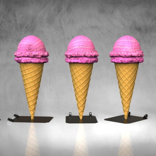 Five ice cream cones with pink scoops on gray bases, arranged in a row on a reflective floor against a textured gray background.