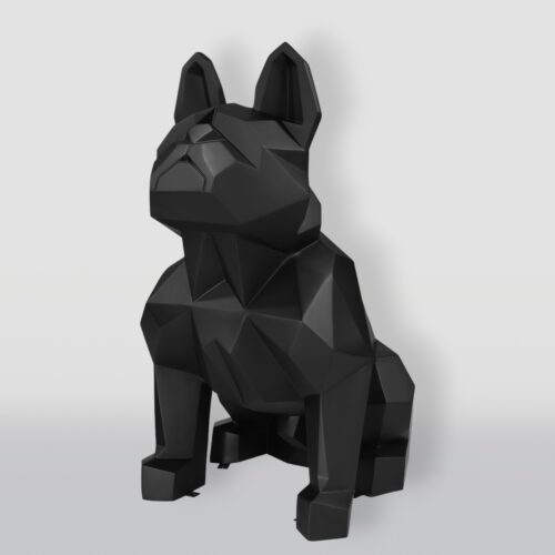 Black geometric French Bulldog sculpture set against a light gray background.