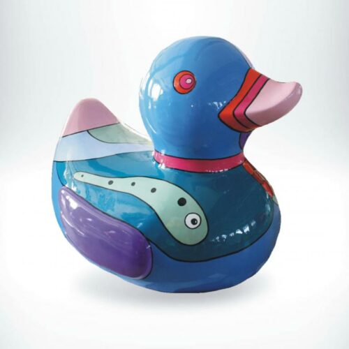 Colorful duck-shaped figurine with vibrant abstract patterns and a glossy finish.
