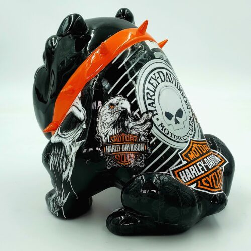 Black ceramic bulldog figurine with Harley-Davidson logos and designs, wearing an orange spiked collar.