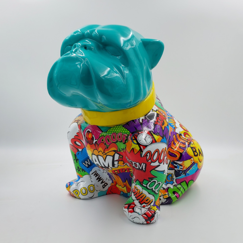 Colorful bulldog figurine covered in comic book-style sound effect text and patterns.
