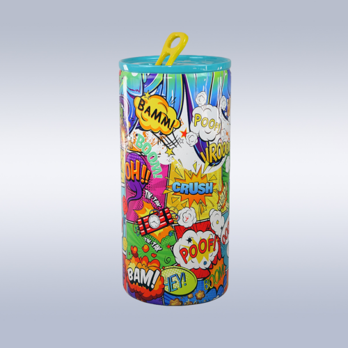 Colorful cylindrical container with comic book sound effects and words like