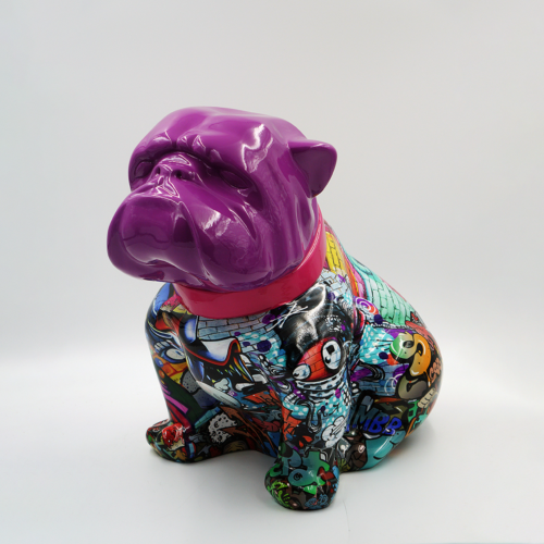 Colorful sculpture of a bulldog with a purple head and a body covered in vibrant graffiti-like patterns.