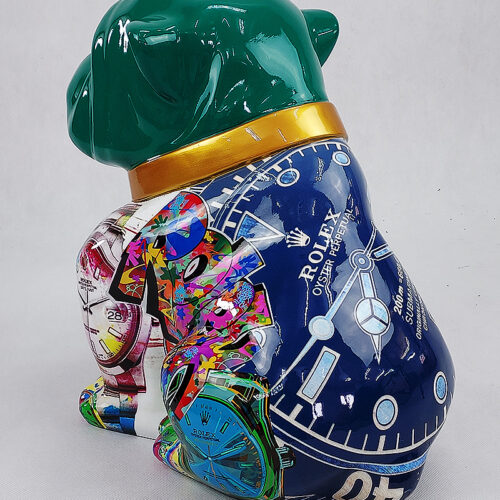 Colorful ceramic or plastic bulldog figure with a green head, decorated with vibrant watch faces and 