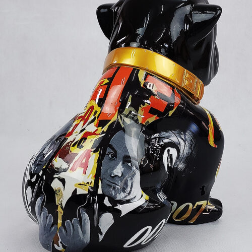 Black ceramic bulldog piggy bank with a glossy finish and a gold collar, featuring a collage of black-and-white and colorful images on its back.