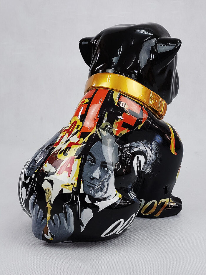 Black ceramic bulldog piggy bank with a glossy finish and a gold collar, featuring a collage of black-and-white and colorful images on its back.