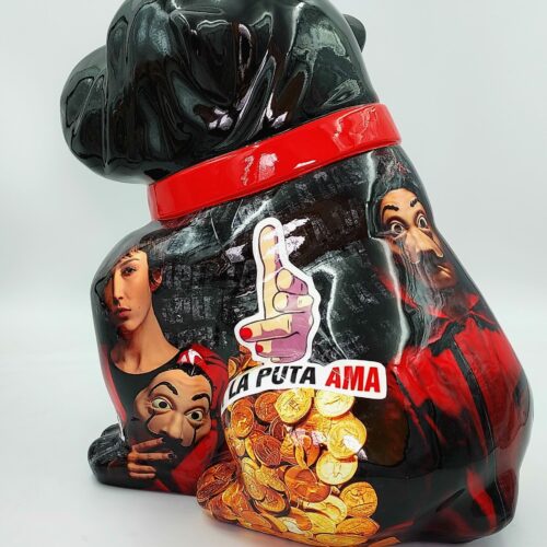 Decorative black dog sculpture with red collar, featuring stickers of characters from 