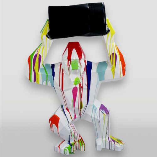 Colorful sculpture of a gorilla holding a black barrel, with vibrant paint drips covering the figure.