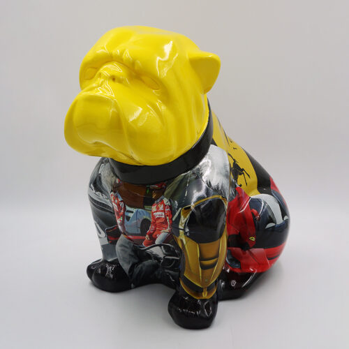 Colorful bulldog sculpture with a yellow head and a body featuring various painted figurative designs.