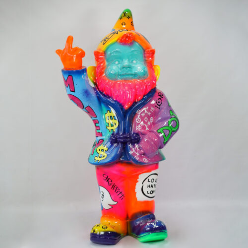 Colorful gnome statue with neon hues, making a hand gesture, and covered in various graffiti-style text and symbols.
