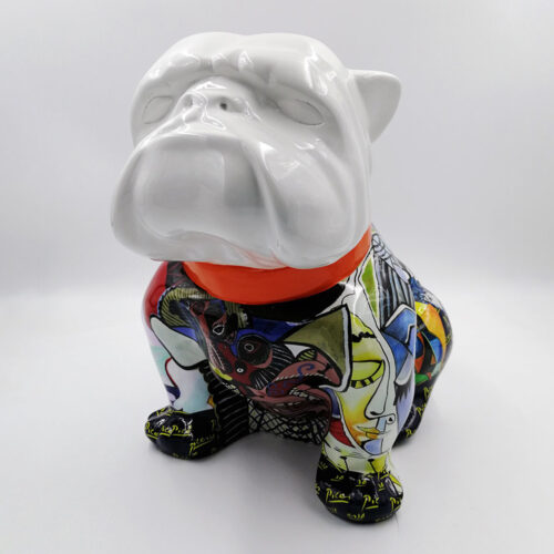 Decorative ceramic bulldog statue with a white glossy head and abstract, colorful patterns on the body and an orange collar.