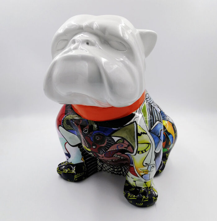 Decorative ceramic bulldog statue with a white glossy head and abstract, colorful patterns on the body and an orange collar.