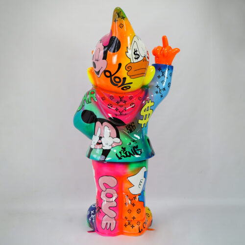 Colorful graffiti-style statue featuring various cartoon characters, symbols, and the word