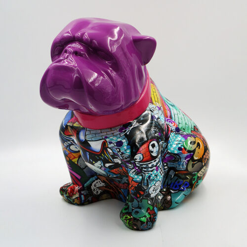 Colorful bulldog statue with a purple head and a body covered in various graffiti-style art and patterns.