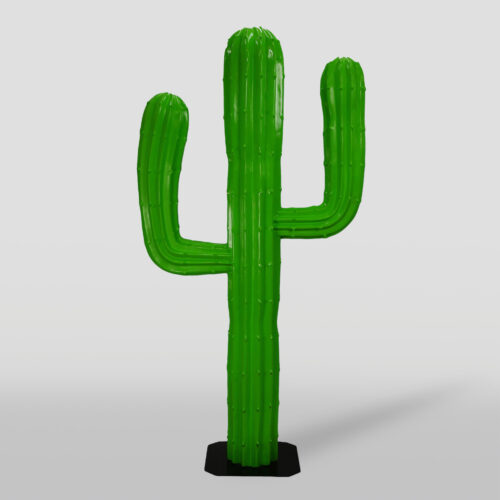 Green cactus sculpture with arms, standing on a black base, against a light background.