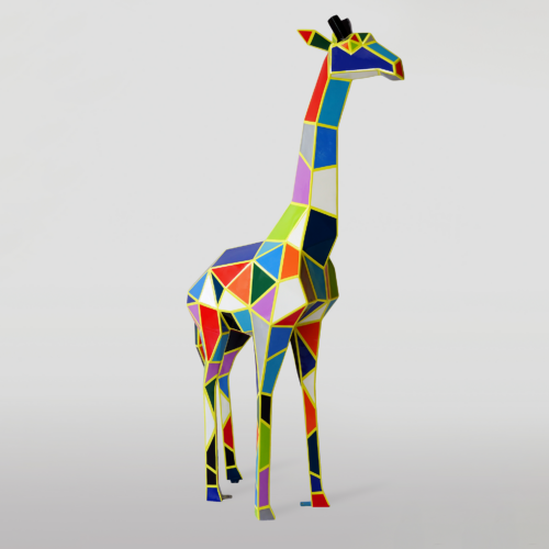 Colorful, geometric giraffe sculpture with a patchwork design on a plain background.