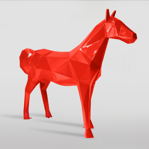 Red geometric polygonal horse sculpture.