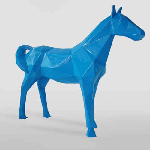 Blue geometric horse sculpture with an angular, faceted design against a plain white background.