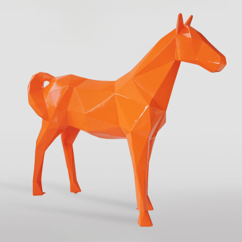 Orange polygonal horse sculpture with a glossy finish on a white background.