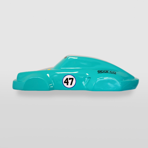Turquoise toy car with the number 47 and the logo 