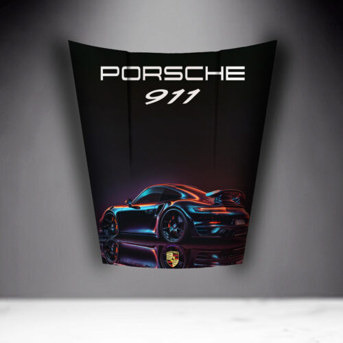Hood of a Porsche 911 with the Porsche logo and an image of the car.