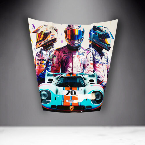 Hood of a car painted with vibrant artwork of three racecar drivers and a classic race car with number 70.