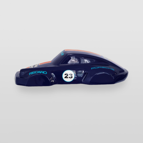 Dark blue derby car model with the number 23 and 