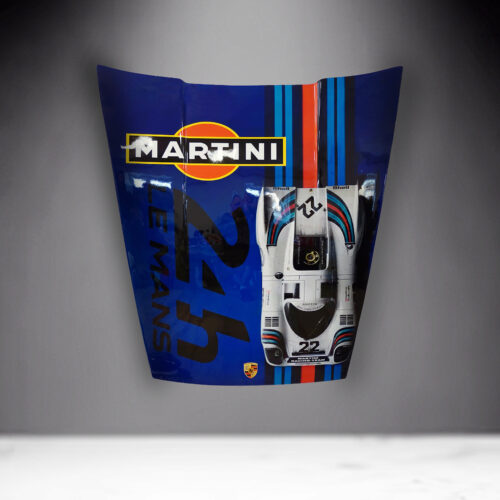 Blue racing car hood with Martini Racing logo, 