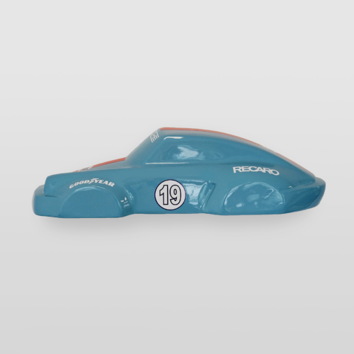 Blue toy race car with the number 19 and brand logos 