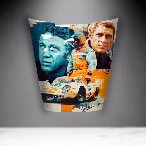 Colorful collage artwork featuring a race car driver in an orange jumpsuit, a classic race car, and multiple portraits of the same individual.