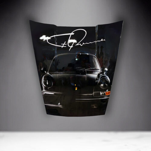 The hood of a car painted with an image of a classic black Porsche 911 and a white signature on top.