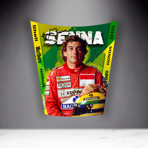 Poster of a race car driver in a red racing suit holding a yellow helmet, with the name 