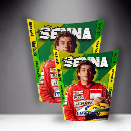 Two posters featuring a race car driver in a red racing suit with sponsor logos, holding a yellow helmet.