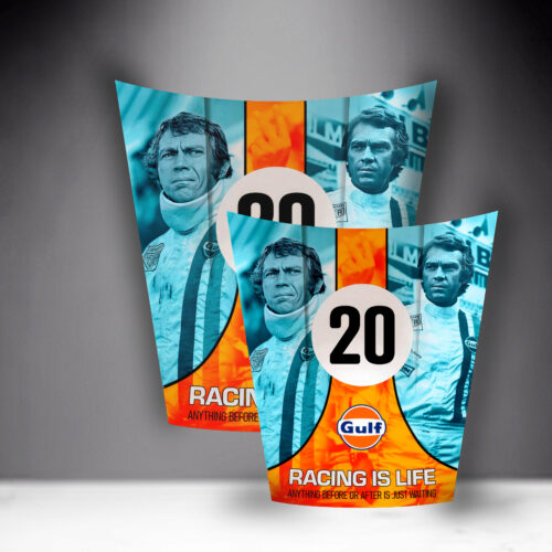 Two racing posters featuring a serious-looking man in a racing suit with the number 20, Gulf logo, and the slogan