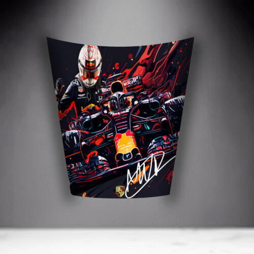A stylized painting of a Formula 1 racing driver with a helmet, standing behind a race car covered in Red Bull and Honda branding, with artistic splashes in the background and a signature at the bottom.