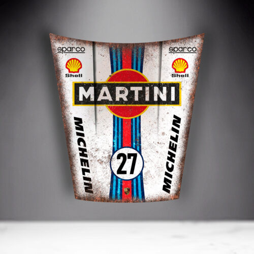 Rusty car hood with Martini Racing livery, number 27, and logos for Sparco, Shell, and Michelin.