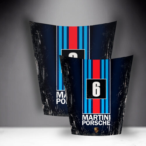 Two racing car hoods with 'Martini Porsche' branding, a large number 6, and red and blue racing stripes.