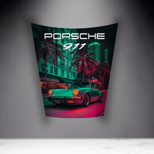 Poster featuring a Porsche 911 in a tropical urban setting with palm trees and buildings in neon colors.