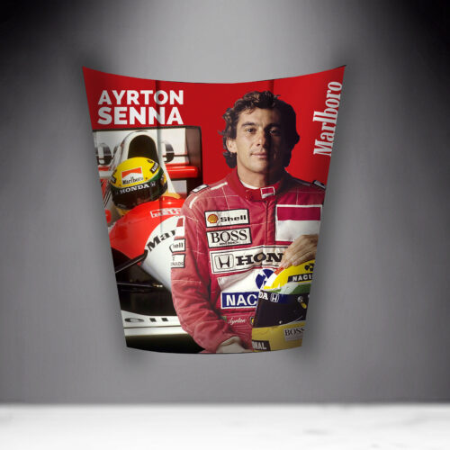 Poster featuring a racing driver in a red suit with sponsor logos, holding a helmet, with a Formula 1 race car in the background and the name