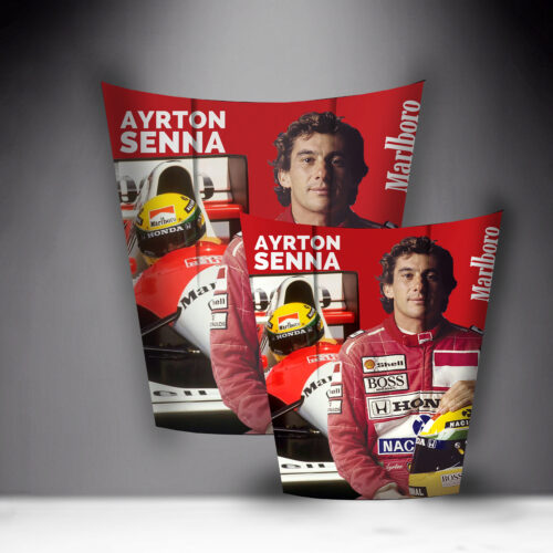 Poster featuring Ayrton Senna in front of a racing car, with his name in bold white letters on a red background.